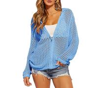 Women‘s Crochet Cardigan Zip Up - Lightweight Beach Hoodie Summer (Blue,XL)