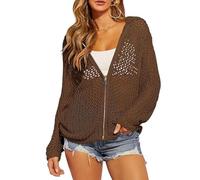 Women‘s Crochet Cardigan Zip Up - Lightweight Beach Hoodie Summer (Brown,L)