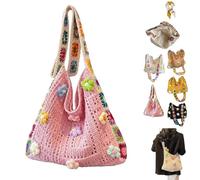 Women’s Crochet Ethnic Shoulder Bag,Boho Embroidery Crossbody Bag,Hollow Out Knit Purse Tote Handbag for Summer Travel Beach (Pink)