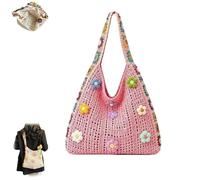 Women’s Crochet Ethnic Shoulder Bag,Lightweight Casual Hollow Knit Tote Bag,Summer Boho Floral Crochet Crossbody Bags (Pink)