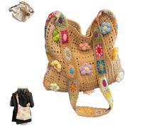 Women’s Crochet Ethnic Shoulder Bag,Lightweight Casual Hollow Knit Tote Bag,Summer Boho Floral Crochet Crossbody Bags (Khaki)