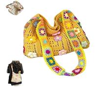Women’s Crochet Ethnic Shoulder Bag,Lightweight Casual Hollow Knit Tote Bag,Summer Boho Floral Crochet Crossbody Bags (Yellow)