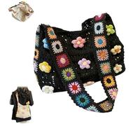 Women’s Crochet Ethnic Shoulder Bag,Lightweight Casual Hollow Knit Tote Bag,Summer Boho Floral Crochet Crossbody Bags (Black)