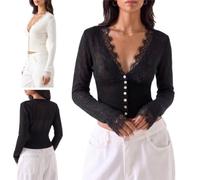 Women‘s Deep V Neck Lace Trim Button Front Knit Cardigan,Sexy Cropped Top | Sexy V Neck Lace Trim Long Sleeve Cropped Slim Fit Knit Cardigan Sweater,Cinched Waist Pleated Going Out Tops,Fall Outfits
