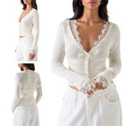 Women‘s Deep V Neck Lace Trim Button Front Knit Cardigan,Sexy Cropped Top | Sexy V Neck Lace Trim Long Sleeve Cropped Slim Fit Knit Cardigan Sweater,Cinched Waist Pleated Going Out Tops,Fall Outfits