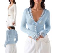 Women‘s Deep V Neck Lace Trim Button Front Knit Cardigan,Sexy Cropped Top | Sexy V Neck Lace Trim Long Sleeve Cropped Slim Fit Knit Cardigan Sweater,Cinched Waist Pleated Going Out Tops,Fall Outfits