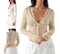 Women‘s Deep V Neck Lace Trim Button Front Knit Cardigan,Sexy Cropped Top | Sexy V Neck Lace Trim Long Sleeve Cropped Slim Fit Knit Cardigan Sweater,Cinched Waist Pleated Going Out Tops,Fall Outfits