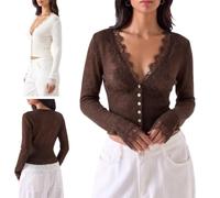 Women‘s Deep V Neck Lace Trim Button Front Knit Cardigan,Sexy Cropped Top | Sexy V Neck Lace Trim Long Sleeve Cropped Slim Fit Knit Cardigan Sweater,Cinched Waist Pleated Going Out Tops,Fall Outfits