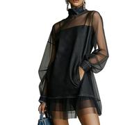 Women‘s Denim Mesh Patchwork Dress - High Neck Summer See Through Maxi (Black,XXL)