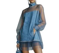 Women‘s Denim Mesh Patchwork Dress - High Neck Summer See Through Maxi (Blue,L)