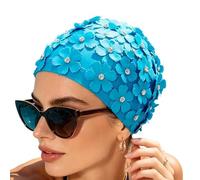 Women’s Floral Swim Cap Nylon Flower Petal Bathing Cap with Rhinestone Accents Ear Coverage Stretchy Swimming Hat For Long Short Hair