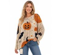 Women’s Halloween Pumpkin Sweater, Oversized Crochet Knit Bat Pullover