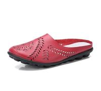 Women’s Hollow out Slip-On Flats, Breathable Lightweight Soft Sole Leather Loafers, Comfortable Casual Backless Mules (Red,36)