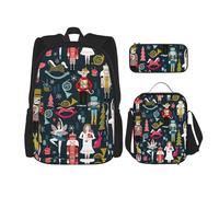 Women_S - Juego de bolsas de libros 3 en 1 con estampado de cascanueces y ballet, bolsa ajustable para el hombro, bolsa de almuerzo, estuche para lápices, Negro -, Talla única