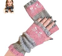 Women’s Knitted Fingerless Gloves with Cat Embroidery, Vintage Cat Themed, Thick Warm Winter Gloves (Pink)