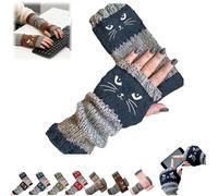Women’s Knitted Fingerless Gloves with Cute Cat Embroidery,Cat Embroidery Splicing Knitted Gloves,Thick Warm Winter Mitten (Blue)