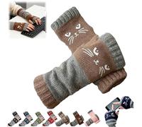 Women’s Knitted Fingerless Gloves with Cute Cat Embroidery,Cat Embroidery Splicing Knitted Gloves,Thick Warm Winter Mitten (Khaki)