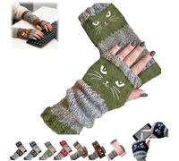 Women’s Knitted Fingerless Gloves with Cute Cat Embroidery,Cat Embroidery Splicing Knitted Gloves,Thick Warm Winter Mitten (Green)
