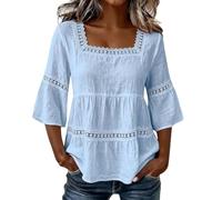 Women‘s Linen Peplum Top - 3/4 Sleeve Boho Blouse with Lace Trim (Blue,M)