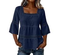 Women‘s Linen Peplum Top - 3/4 Sleeve Boho Blouse with Lace Trim (Navy,XL)