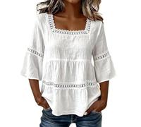 Women‘s Linen Peplum Top - 3/4 Sleeve Boho Blouse with Lace Trim (White,S)