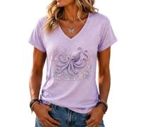Women’s Ocean 3D Print V-Neck T-Shirt Top Casual Short Sleeve Blouse (Octopus,L)
