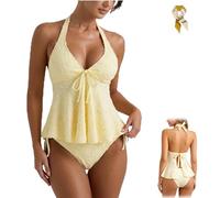 Women’s Peplum Halter Tankini Set,Flowy Bikini Suits with Drawstring,Soft Creamy Textured Halter Ruffle Swimsuits 2 Piece (FR/ES, Letras, S, Regular, Regular, Yellow)