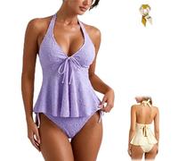 Women’s Peplum Halter Tankini Set,Flowy Bikini Suits with Drawstring,Soft Creamy Textured Halter Ruffle Swimsuits 2 Piece (FR/ES, Letras, M, Regular, Regular, Purple)