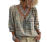 Women‘s Polka Dot Blouse - Lace Up V Neck 3/4 Sleeve Flowy Top (Beige,M)