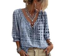 Women‘s Polka Dot Blouse - Lace Up V Neck 3/4 Sleeve Flowy Top (Blue,L)