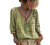 Women‘s Polka Dot Blouse - Lace Up V Neck 3/4 Sleeve Flowy Top (Green,S)
