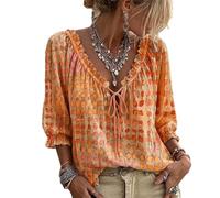 Women‘s Polka Dot Blouse - Lace Up V Neck 3/4 Sleeve Flowy Top (Orange,L)