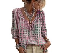 Women‘s Polka Dot Blouse - Lace Up V Neck 3/4 Sleeve Flowy Top (Pink,XL)