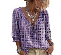 Women‘s Polka Dot Blouse - Lace Up V Neck 3/4 Sleeve Flowy Top (Purple,L)