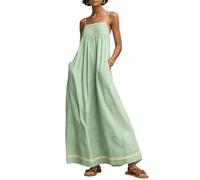 Women‘s Striped Maxi Dress with Red Trim - Backless Square Flowy Sundress (Green,S)