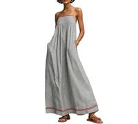 Women‘s Striped Maxi Dress with Red Trim - Backless Square Flowy Sundress (Grey,XXL)