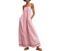 Women‘s Striped Maxi Dress with Red Trim - Backless Square Flowy Sundress (Pink,S)