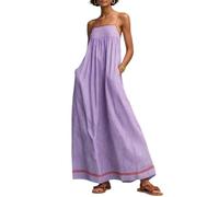 Women‘s Striped Maxi Dress with Red Trim - Backless Square Flowy Sundress (Purple,XL)