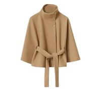 Women’s Wool Blend Poncho Pea Coat Wool Blend Stand Collar Belted Cape Jacket Cropped Cloak Relaxed Fit Winter Coat