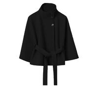 Women’s Wool Blend Poncho Pea Coat Wool Blend Stand Collar Belted Cape Jacket Cropped Cloak Relaxed Fit Winter Coat