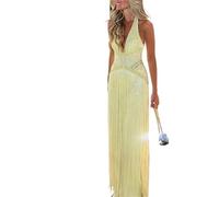 Women Sexy Backless Hollow Sequin Gowns Elegant Halter Sleeveless Long Dress Fashion Tassel Splicing Waist Slim Party(XL)