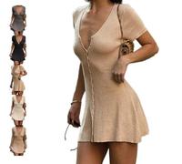 Women Sexy Deep V Neck Button Front Knit Mini Dress, Deep V Neck Flowy A-Line Knitted Mini Short Dress for Women (Skin,M)