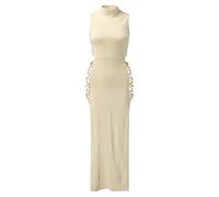 Women' Sexy Round Neck Summer Solid Sleeveless Dress Side Slit(Beige,M)