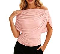 Women Sheer Mesh Layered Crop Top Ruched Waist Draped Cowl Neck Shirts (Pink,L)