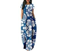 Women Short Sleeve Dress Camouflage Flowers Print Long Dress Casual Loose Double Pocket Beach Vacation Dress(Color:4,Size:XL)