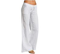 Women Simple Casual Style Wide Leg Long Pants Solid Color Elastic Waist Drawstring Comfy Trousers Summer Streetwear Pants (White, 3X-Large)