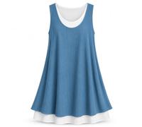 Women Sleeveless Fake Two Piece Midi Dress Casual Loose A Line Style (Blue,XL)