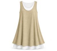 Women Sleeveless Fake Two Piece Midi Dress Casual Loose A Line Style (Khaki,3XL)
