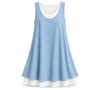 Women Sleeveless Fake Two Piece Midi Dress Casual Loose A Line Style (Light Blue,L)