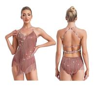Women Sleeveless Halter Neck Latin Tango Dance Dress with Rhinestones Backless Tassels Patchwork Leotard Gymnastic Skating(Pink A,S)